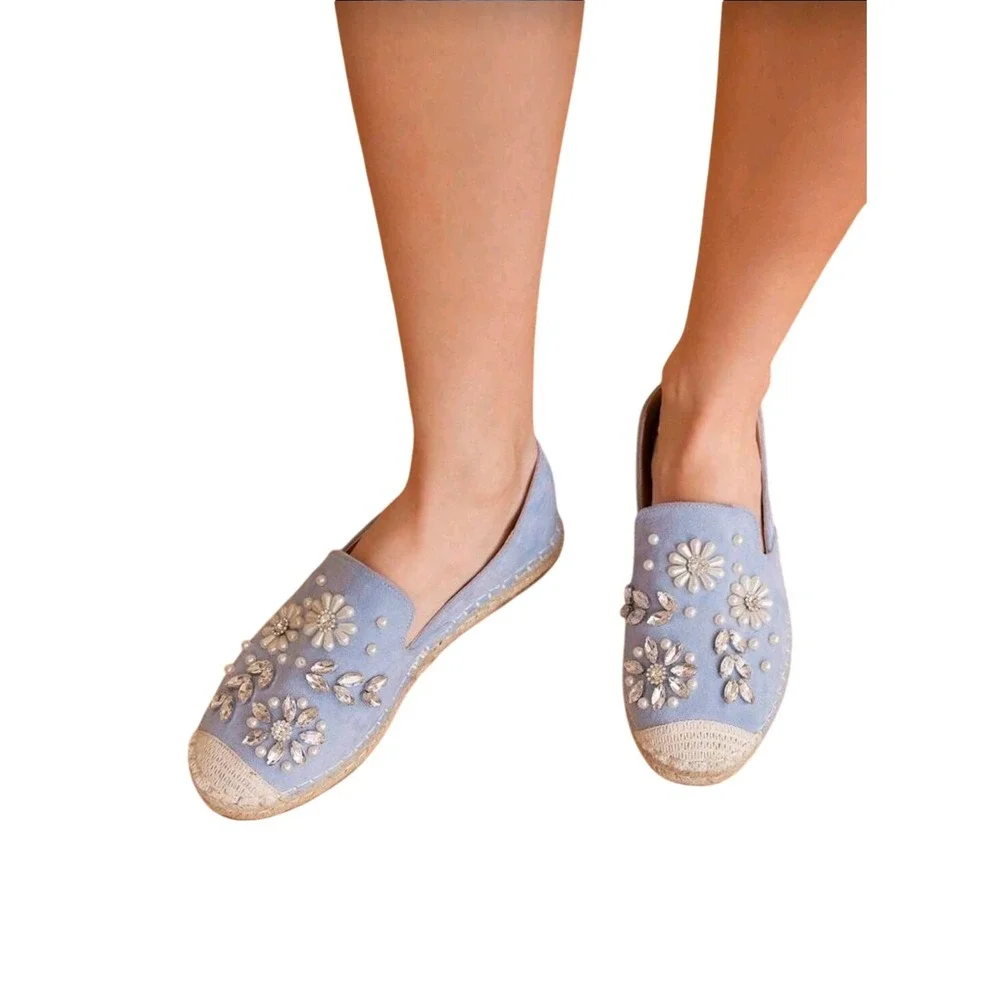 Women Blue Espadrille Flats Embellished Pearls Rhinestones Slip On‎ Shoes